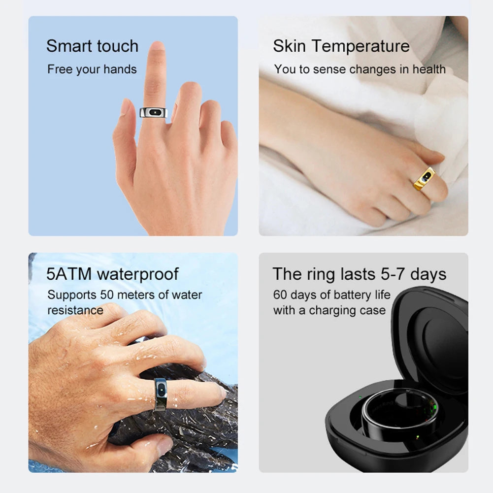 Anillo Inteligente R08 Para Hombres Y Mujeres, Banda Electrónica Inteligente 5ATM, Monitor De Salud De Presión De Oxígeno En Sangre Resistente Al Agua Con Estuche De Carga Para Teléfono